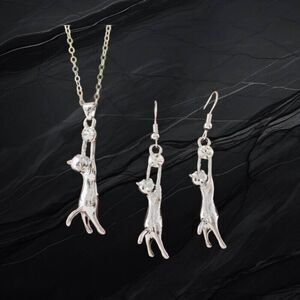 Hanging Around Silver Hanging Cats Necklace Earrings Jewelry Set Cat